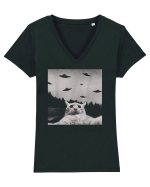 Alien UFO Funny Cat Tricou mânecă scurtă guler V Damă Evoker