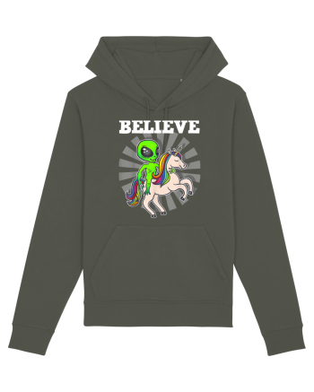 Believe Space Alien Riding Unicorn Funny Khaki