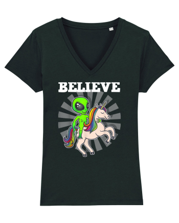 Believe Space Alien Riding Unicorn Funny Black