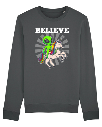 Believe Space Alien Riding Unicorn Funny Anthracite
