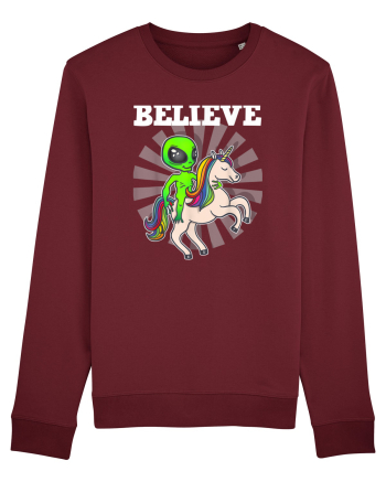 Believe Space Alien Riding Unicorn Funny Burgundy