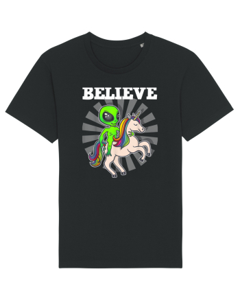 Believe Space Alien Riding Unicorn Funny Black