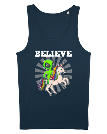 Believe Space Alien Riding Unicorn Funny Navy