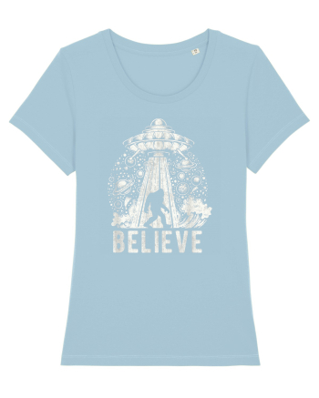Believe Vintage Alien Spaceship Bigfoot Sky Blue