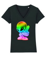 Colourful Alien Peace Sign UFO Alien Tricou mânecă scurtă guler V Damă Evoker