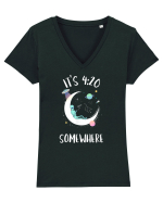 Funny Weed Joint Smoking Moon Tricou mânecă scurtă guler V Damă Evoker