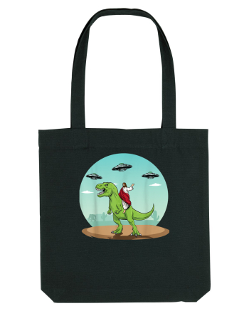 Jesus Riding A Dinosaur Funny UFO Black