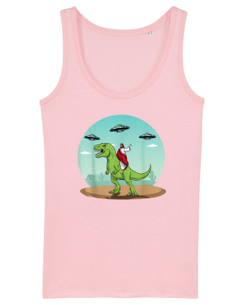 Jesus Riding A Dinosaur Funny UFO Cotton Pink