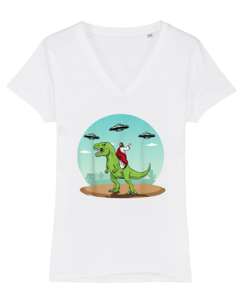 Jesus Riding A Dinosaur Funny UFO White