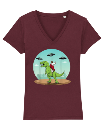 Jesus Riding A Dinosaur Funny UFO Burgundy