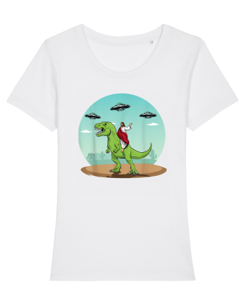 Jesus Riding A Dinosaur Funny UFO White