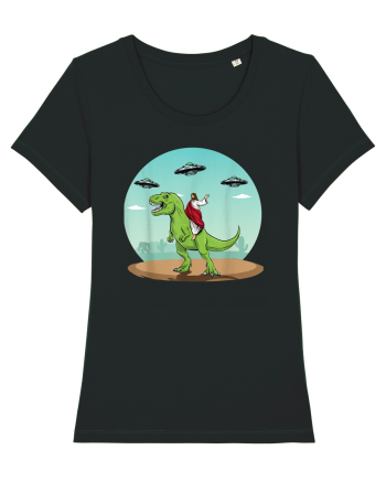 Jesus Riding A Dinosaur Funny UFO Black