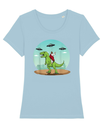 Jesus Riding A Dinosaur Funny UFO Sky Blue