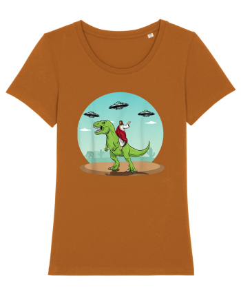 Jesus Riding A Dinosaur Funny UFO Roasted Orange
