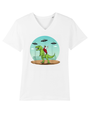 Jesus Riding A Dinosaur Funny UFO White