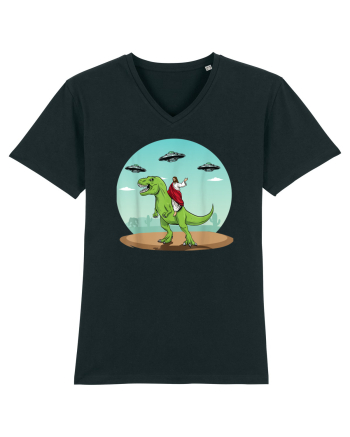 Jesus Riding A Dinosaur Funny UFO Black