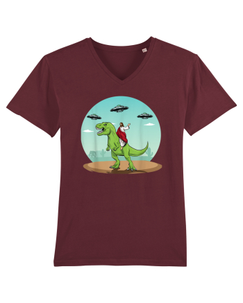 Jesus Riding A Dinosaur Funny UFO Burgundy