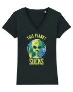 This Planet Sucks Green Alien Head Tricou mânecă scurtă guler V Damă Evoker