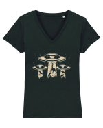 Vintage Dinosaur Alien Abduction Tricou mânecă scurtă guler V Damă Evoker