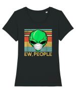 Vintage Ew People Alien Head Wearing Face Mask Tricou mânecă scurtă guler larg fitted Damă Expresser