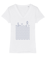 Port pe Mare - Peisaj Din Linii Tricou mânecă scurtă guler V Damă Evoker