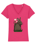 Iepuraș printre flori  Tricou mânecă scurtă guler V Damă Evoker