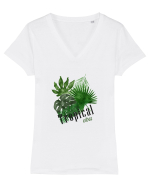 Summer Breeze - Watercolor Tropical Leaves (Frunze Tropicale) Tricou mânecă scurtă guler V Damă Evoker
