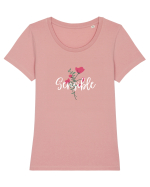 Sensible floare roșie text alb Tricou mânecă scurtă guler larg fitted Damă Expresser