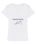 Barza bate la ușă (roz, fetiță)  Tricou mânecă scurtă guler V Damă Evoker