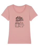 Merry Christmas (bufniță și cadou)  Tricou mânecă scurtă guler larg fitted Damă Expresser