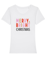 Merry, Bright, Christmas  Tricou mânecă scurtă guler larg fitted Damă Expresser