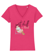 Moș Crăciun Just Chill No Thrill (negru)  Tricou mânecă scurtă guler V Damă Evoker