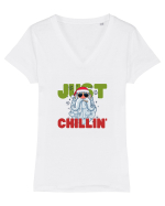 Moș Crăciun Just Chillin' Tricou mânecă scurtă guler V Damă Evoker