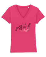 Just Chill No Thrill (negru)  Tricou mânecă scurtă guler V Damă Evoker