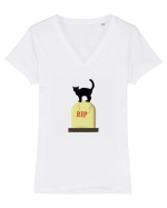 Pisică neagră în cimitir Tricou mânecă scurtă guler V Damă Evoker