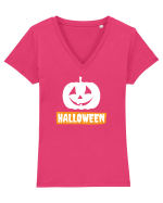 Halloween Pumpkin White Tricou mânecă scurtă guler V Damă Evoker