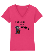 Eat, drink and be scary (negru)  Tricou mânecă scurtă guler V Damă Evoker