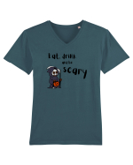 Eat, drink and be scary (negru)  Tricou mânecă scurtă guler V Bărbat Presenter