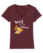 Wood you like to go camping? (alb)  Tricou mânecă scurtă guler V Damă Evoker