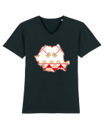 Romania Tricolor Motive Nationale Traditionale Tricou mânecă scurtă guler V Bărbat Presenter