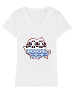 Romania Tricolor Motive Nationale Traditionale Tricou mânecă scurtă guler V Damă Evoker