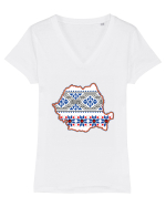 Romania Tricolor Motive Nationale Traditionale Tricou mânecă scurtă guler V Damă Evoker