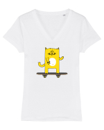 Cat on skateboard Tricou mânecă scurtă guler V Damă Evoker