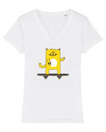 Cat on skateboard White