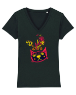 Pisica colorata cu ciuperci :) Tricou mânecă scurtă guler V Damă Evoker