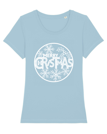 Merry Christmas White Embroidery Sky Blue