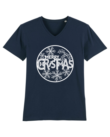 Merry Christmas White Embroidery French Navy