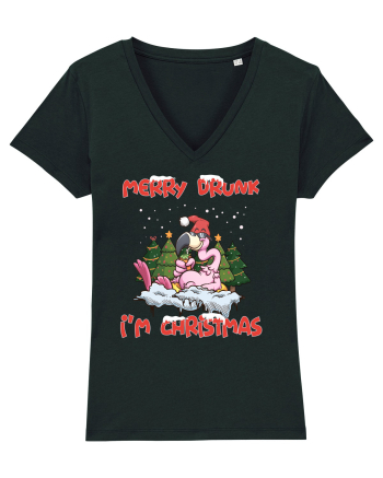 Merry Drunk I'm Christmas Pink Flamingo Black