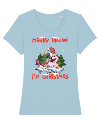 Merry Drunk I'm Christmas Pink Flamingo Sky Blue