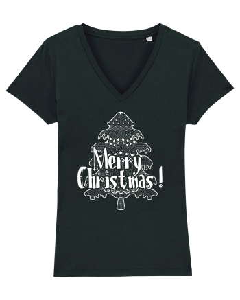 Merry Christmas Tree White Embroidery Black